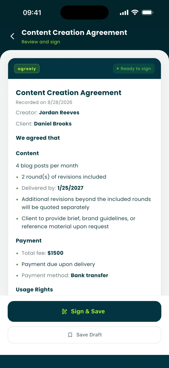 Live preview of a Content Creation Agreement, ready to sign