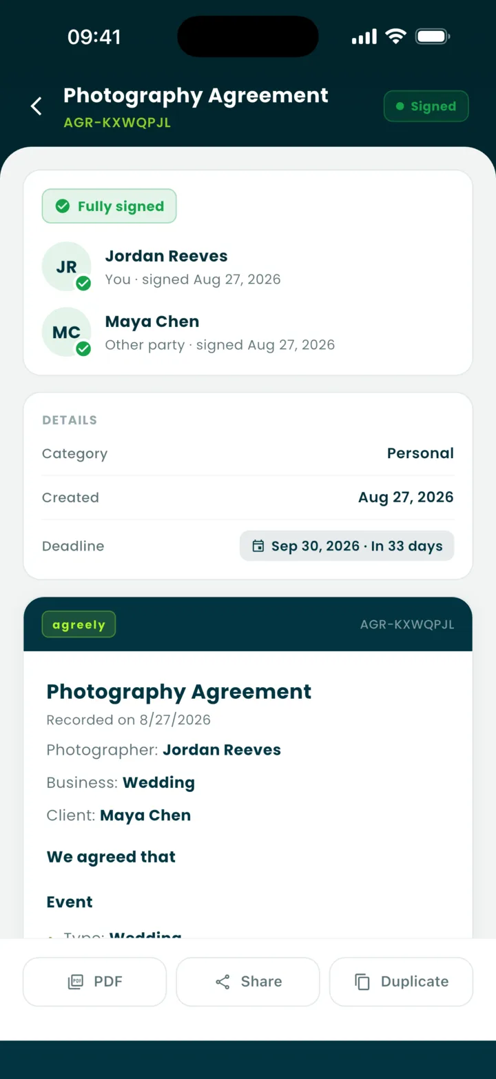 A fully signed Photography Agreement with both parties' signatures