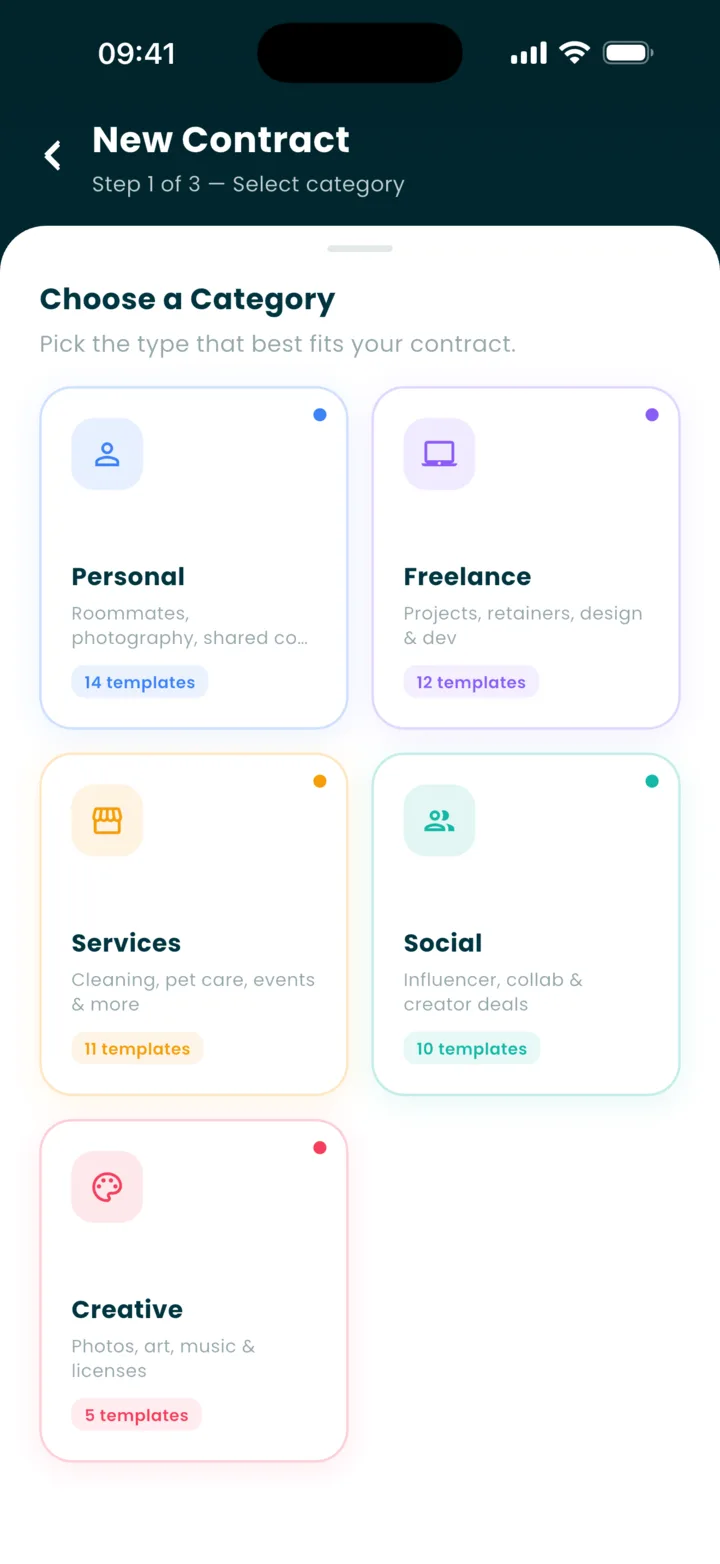 Choosing a category: Personal, Freelance, Services, Social, Creative