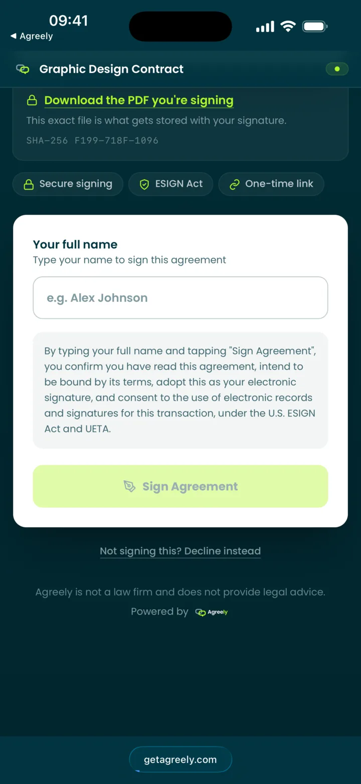 Typing a full name to sign the Graphic Design Contract in the browser